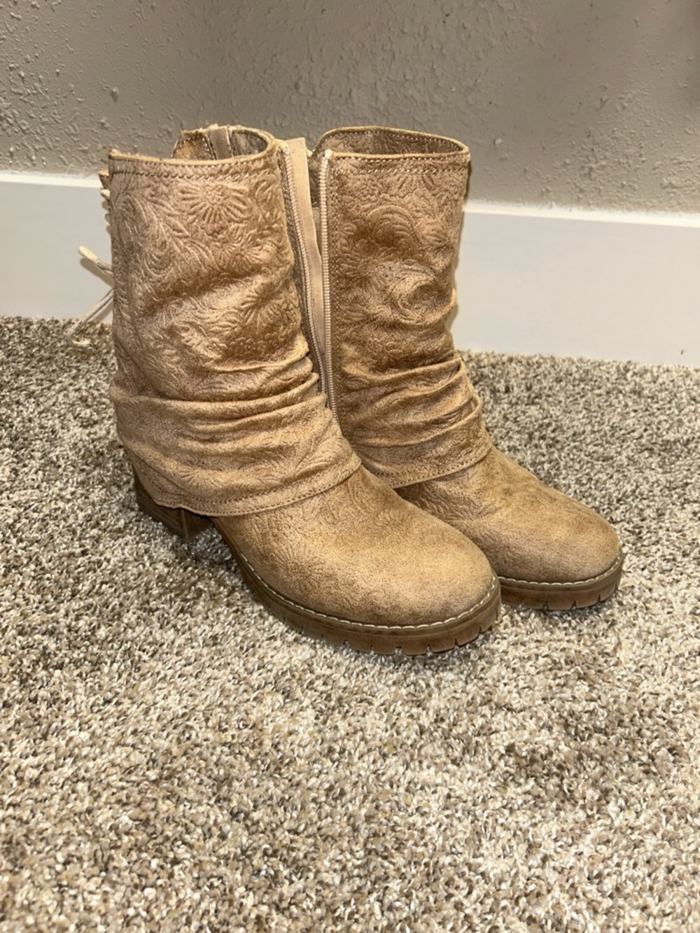 Very G Tan Embroidered Slouchy Ankle Booties